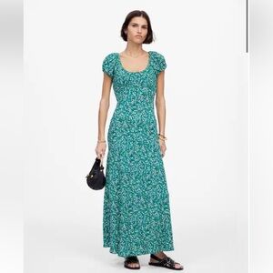 MADEWELL floral ruched scoop neck maxi dress green floral cap sleeve size 4